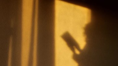 Kitap okuma konsepti. Duvarda kadın gölgesi okumak. Kadın silueti bir kitabın sayfalarını çeviriyor. Soyut Kadın 'ın olduğu atmosferik video. 4k görüntü