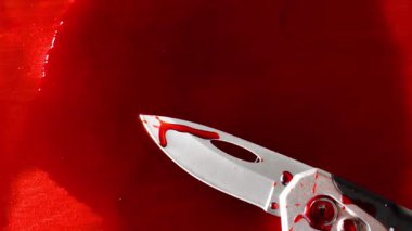 Kanlı bıçak. Suç mahalli. Suç mahallinde delil ve silah kaydı. Kanlı soğuk silah. 4k görüntü