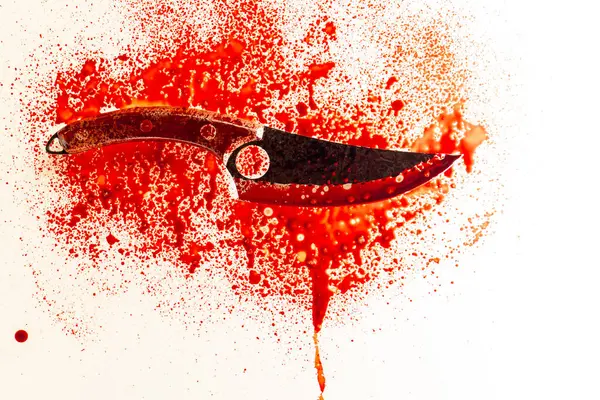 Bıçak kan izleri ve sıçramalarla kaplı. Bıçağın üzerine kan damlaları düşüyor. Kan içinde soğuk bir silah. Suç mahallinde kanıt ve silah kaydı.