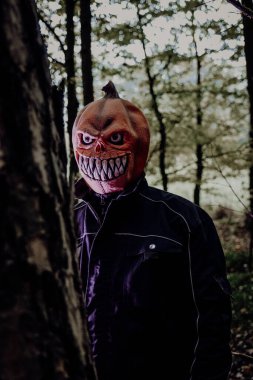 Balkabağı Kafa Maskesi 'nden Kırmızı Uğursuz Işık' a. Cadılar Bayramı tüyler ürpertici ruh hali. Sonbahar ormanı arka planında Jack Lantern portresi.
