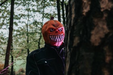 Ormandaki balkabağı kafalı canavar kırmızı ışığa. Cadılar Bayramı havası..