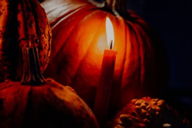  Balkabağı arka planında yanan mum. Balkabağı ve mum kabakları. Büyü, ezoterizm ve büyücülük atmosferi.