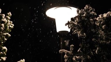 Karlı kış havası. Gece gökyüzünde fener ve yağan kar. Kış duvar kağıdı. 4k görüntü
