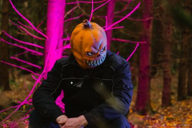 Jack Fener portresi sonbahar ormanı arka planında ürkütücü mavi ve mor bir ışıkta. Cadılar Bayramı bayramı sembolü. Balkabağı maskesi ormanda.