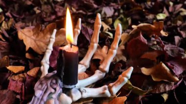 Cadılar Bayramı mumu ve kırmızı yapraklı kemik el. Cadılar Bayramı ürkütücü atmosferi. Cadılar Bayramı dekoru. 4k görüntü