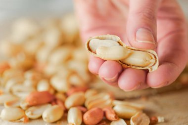 Fıstıklar el altında tutulur. El ele tutuşma kabuklu fıstıklar. Sağlıklı atıştırmalıklar. Fıstık ezmesi malzemesi.