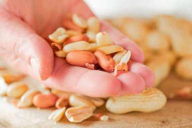 Fıstıklar ve tohumlar. Fıstıklar kabukta tutulur. Diyetteki sağlıklı yağlar. Bir avuç dolusu kabuklu fıstık. Yakın plan, lezzetli ve sağlıklı atıştırmalıklar. Fıstık ezmesi malzemesi.