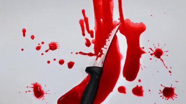 Keskin bıçak kan lekeleriyle kaplı. Suç ve cinayet kavramı. Bıçakta kan izleri var. 4k görüntü