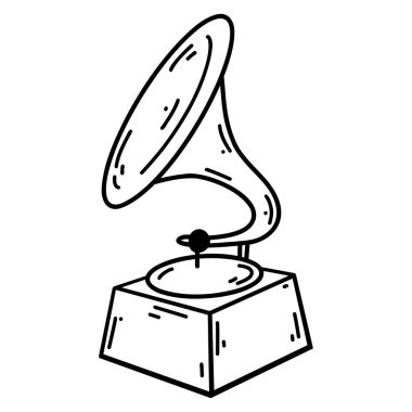 Doodle retro gramofon. Müzik aletinin vektör çizimi, web tasarımı için siyah taslak sanat, simge, baskı, boyama sayfası.