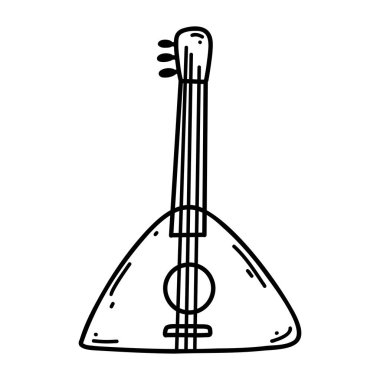Doodle balalaika. Müzik aletinin vektör çizimi, web tasarımı için siyah taslak sanat, simge, baskı, boyama sayfası.