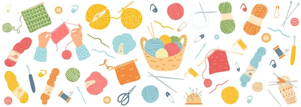 手描きの編み物アクセサリーのセット ボタン かぎ針編み スプール ピンチ はさみのベクトルイラスト 趣味の余暇時間の概念 — ストックベクタ