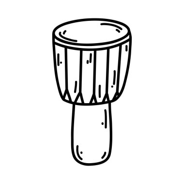 Doodle djembe. Müzik aletinin vektör çizimi, web tasarımı için siyah taslak sanat, simge, baskı, boyama sayfası.