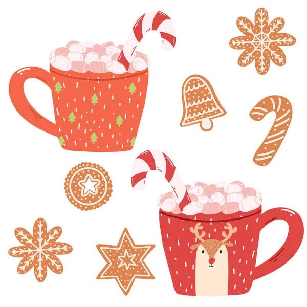 Cute Mugs Marshmallows Candy Cane Gingerbread Cookies Cartoon Style Hand — Stock Vector