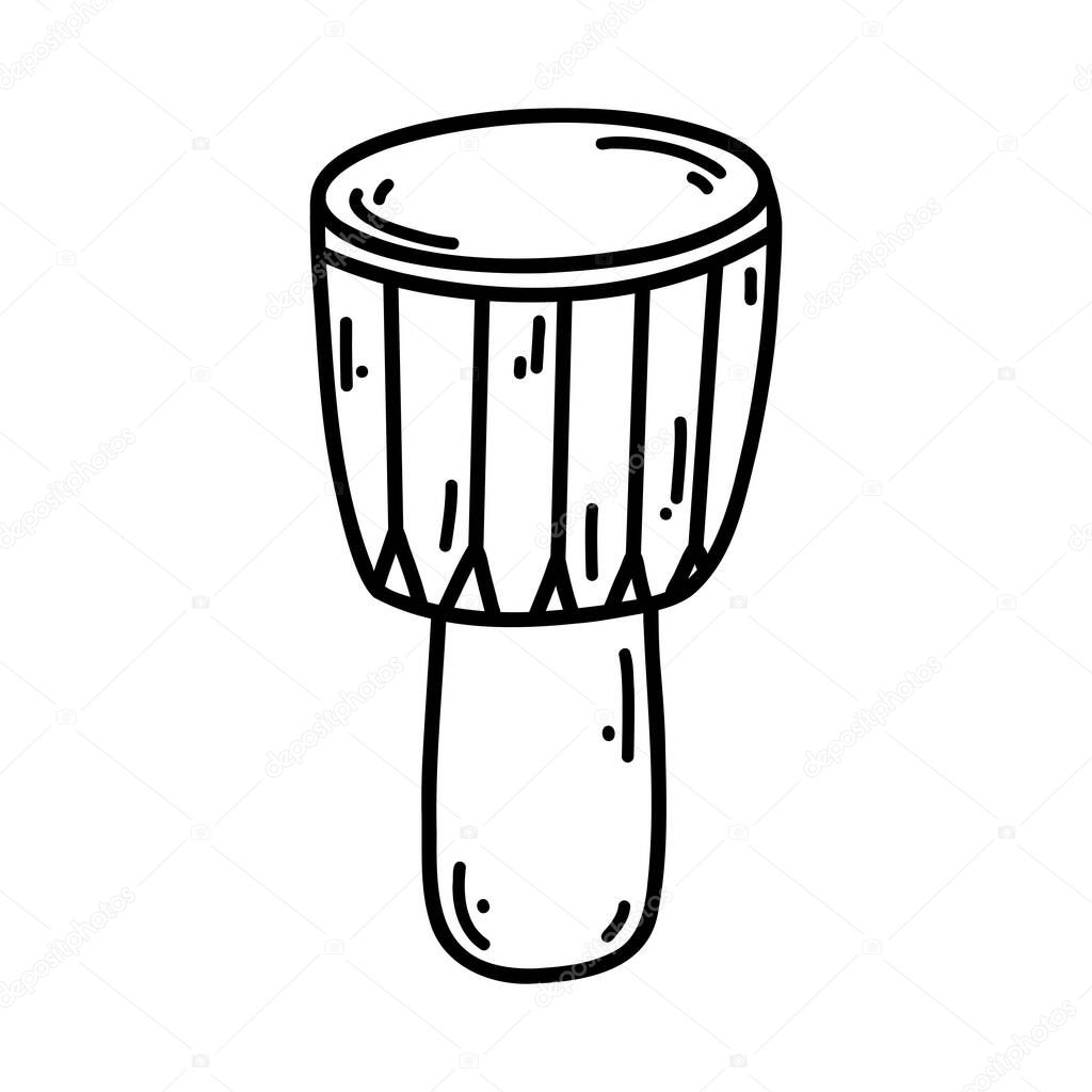 Doodle djembe. Vector sketch illustration of musical instrument, black outline art for web design, icon, print, coloring page.