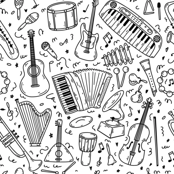 Naadloos Patroon Met Handgetekende Doodle Muziekinstrumenten Vector Schets Illustratie Set — Stockvector