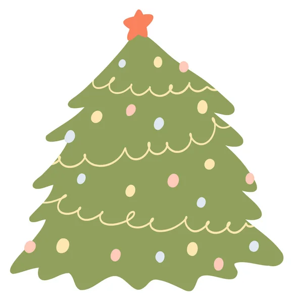Árvore Natal Estilo Plano Desenhos Animados Ilustração Vetorial Desenhada Mão — Vetor de Stock