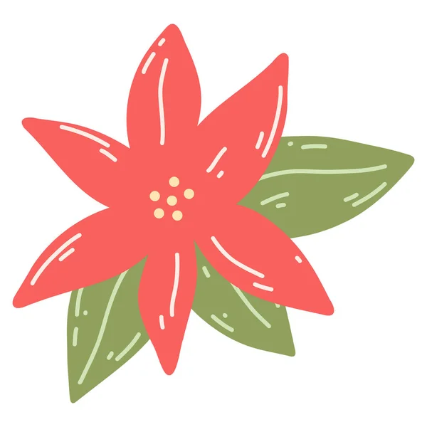 漫画のフラットスタイルでポインセチア 手描きベクトルイラストのクリスマス伝統的な植物 花の休日の要素 — ストックベクタ