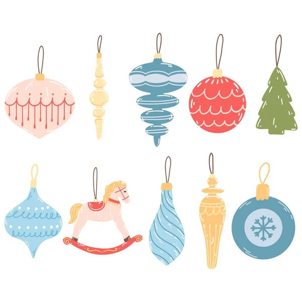 Christmas Tree Ornaments Cartoon Flat Style Hand Drawn Vector Illustration — Stock Vector
