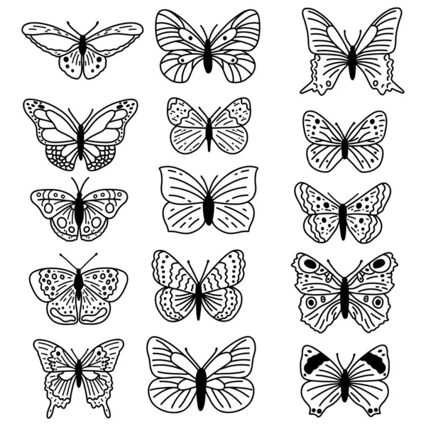 手描きのドードル蝶セット ベクトルスケッチ図 ウェブデザイン アイコン 着色ページのための昆虫の黒いアウトラインアートコレクション — ストックベクタ