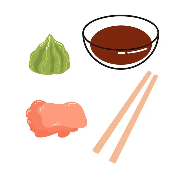 Składniki Sushi Kreskówkowym Stylu Ręcznie Rysowane Wektor Ilustracja Imbiru Wasabi — Wektor stockowy