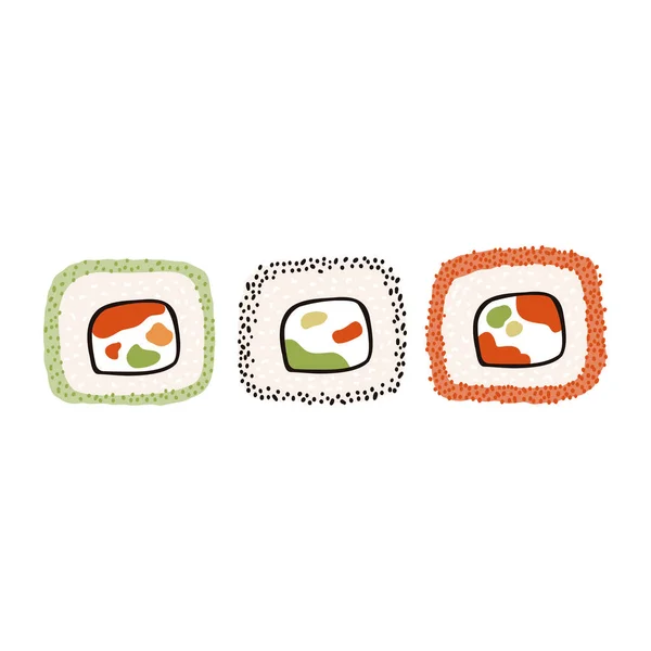 Sushi Uramaki Set Cartoon Platte Stijl Handgetekende Japanse Traditionele Keuken — Stockvector