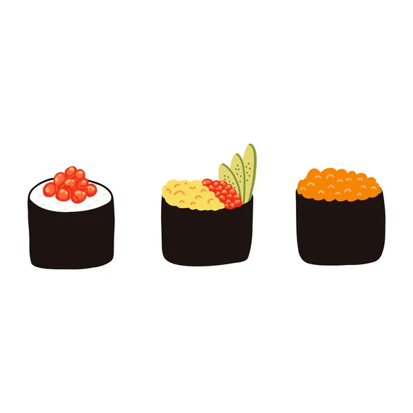 Gunkan Sushi Set Mit Rotem Kaviar Cartoon Flach Stil Handgezeichnete — Stockvektor
