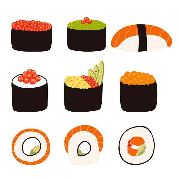 Düz Çizgi Filmdeki Suşi Seti Japon Geleneksel Mutfağının Çizimi Vektör — Stok Vektör