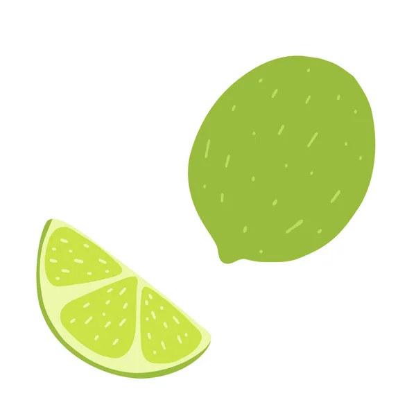 整片和切片石灰在卡通平面风格 绿色柠檬 新鲜健康食品 柑橘类水果图标的手绘病媒图解 — 图库矢量图片