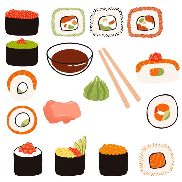 Sushi Dilengkapi Dengan Kecap Jahe Wasabi Sumpit Dalam Gaya Datar - Stok Vektor