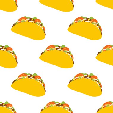 Düz şekilli taco ile kusursuz desen. Geleneksel Meksika yemekleri, halk mutfağı, Latin Amerika yemekleri ile vektör geçmişi.