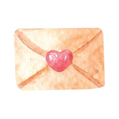 Kalpli elle çizilmiş suluboya mektup. Posta zarfı, romantizmin sembolü, kart sevgisi, çıkartmalar, logo, davetiyeler.