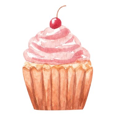 Elle çizilmiş, vişneli pembe kek. Tatlı yemek, kart için lezzetli tatlı, baskı, logo, çıkartma.