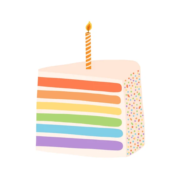 Hand Drawn Rainbow Birthday Cake Candle Cartoon Flat Style Vector — Stok Vektör