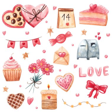 Hand drawn watercolor elements for Valentines day. Symbol of romance, love as hearts, sweets, flowers, candle, garland, party flags.