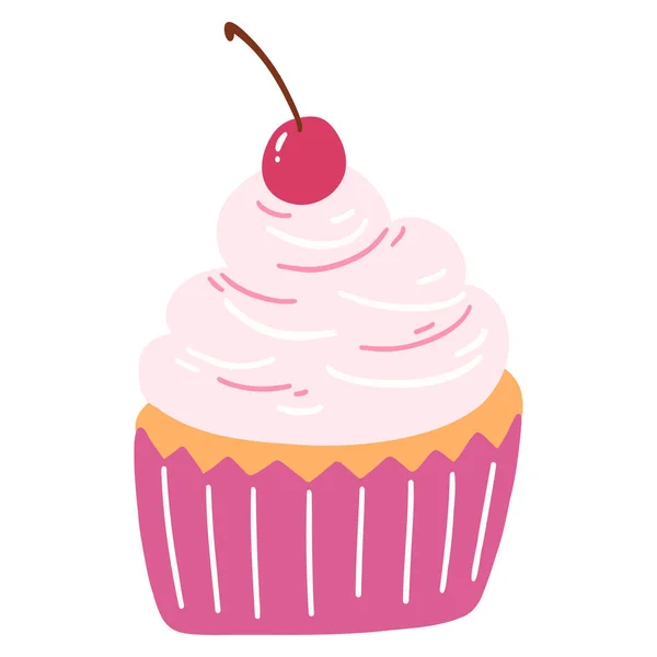 Hand drawn delicious cupcake in cartoon style. Vector illustration of sweets, dessert, pastries.