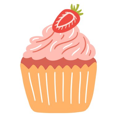 Hand drawn delicious cupcake in cartoon style. Vector illustration of sweets, dessert, pastries.