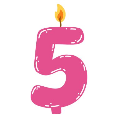 Candle number five in flat style. Hand drawn vector illustration of 5 symbol burning candle, design element for birthday cakes.