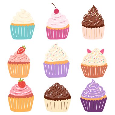 Hand drawn delicious cupcakes in cartoon style. Vector illustration of sweets, dessert, pastries.