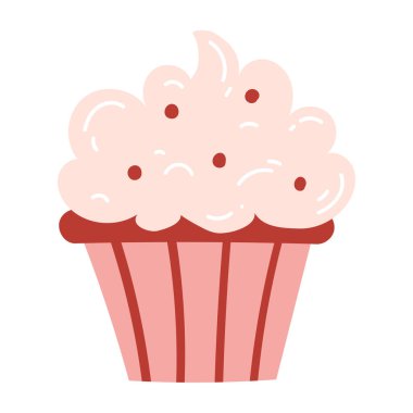 Hand drawn delicious cupcake in cartoon style. Vector illustration of sweets, dessert, pastries.