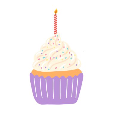Hand drawn delicious cupcake with a burning candle in cartoon style. Vector illustration of sweets, dessert, pastries for birthday, anniversary, party.