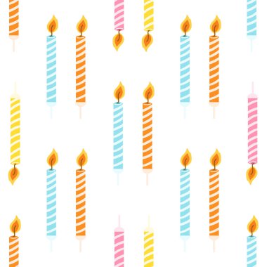 Seamless pattern with colorful birthday candles with burning flame. Vector texture for wrapping paper, fabric print, kids textile, cover, card design.