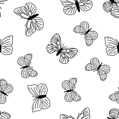 Seamless pattern with doodle butterflies. Hand drawn vector background with insects, line illustration, entomological collection.