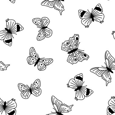 Seamless pattern with doodle butterflies. Hand drawn vector background with insects, line illustration, entomological collection.