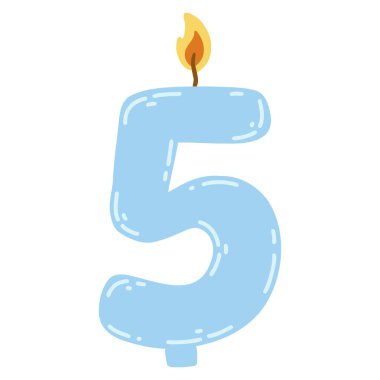 Candle number five in flat style. Hand drawn vector illustration of 5 symbol burning candle, design element for birthday cakes.