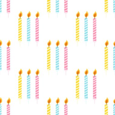 Seamless pattern with colorful birthday candles with burning flame. Vector texture for wrapping paper, fabric print, kids textile, cover, card design.