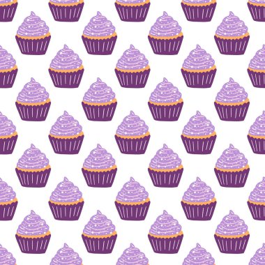 Seamless pattern with delicious cupcake in cartoon style. Vector background with sweets, dessert, pastries.