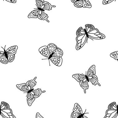 Seamless pattern with doodle butterflies. Hand drawn vector background with insects, line illustration, entomological collection.