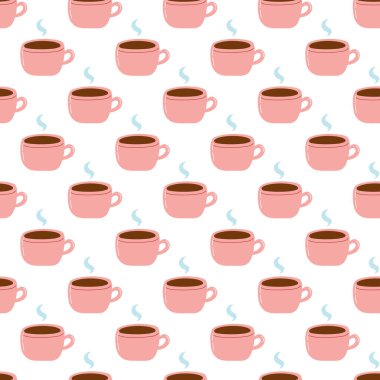Seamless pattern with coffee mug. Flat vector background of cup with coffee or tea with steam, cartoon design element.
