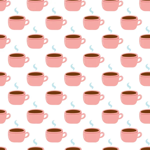 Seamless pattern with coffee mug. Flat vector background of cup with coffee or tea with steam, cartoon design element.
