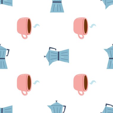 Seamless pattern with espresso coffee maker and cup in hand drawn style. Flat vector background of Italian espresso machine, moka pot and coffee mug.